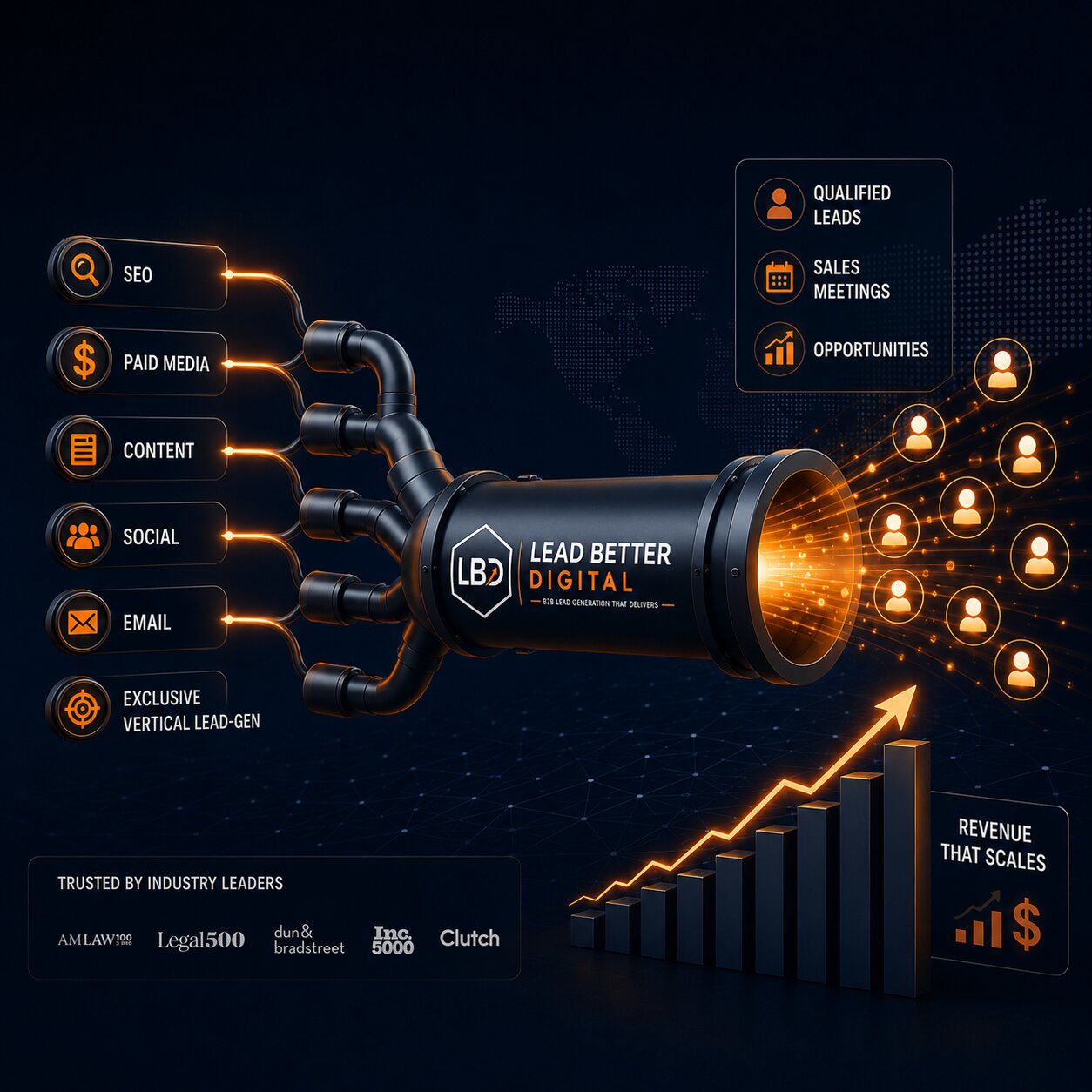A high-end curved monitor displaying a sophisticated B2B growth dashboard with deep navy backgrounds and glowing gold data visualizations. The screen shows charts for pipeline velocity, global market penetration with a world map, and strategic partnership impact. The lighting is cinematic and moody, highlighting the sleek curves of the monitor against a warm, muted background, embodying a premium executive aesthetic.